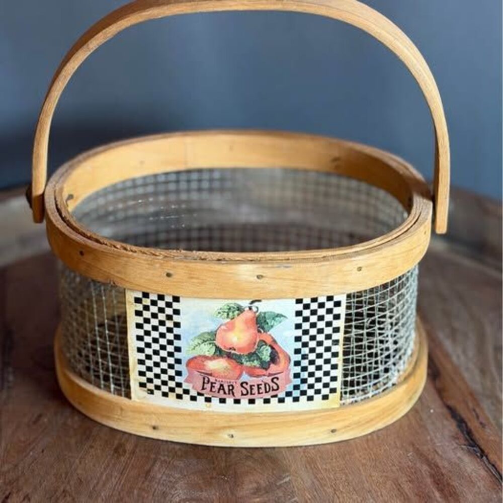 Vintage Style Wire Mesh and Wood Pear Seeds Basket